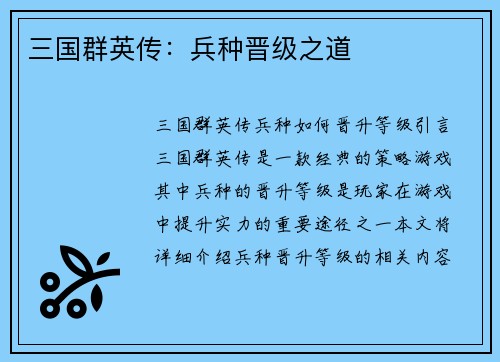 三国群英传：兵种晋级之道